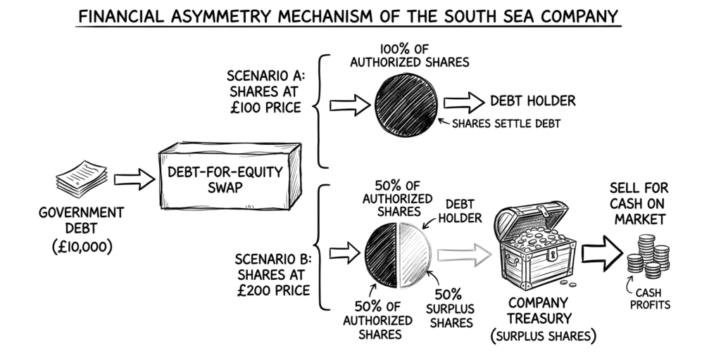 Hand-drawn diagram illustrating the South Sea Company&rsquo;s 1720 debt-for-equity swap, showing how a rising stock price allowed the company to issue fewer shares to debt holders, thereby creating surplus treasury inventory to sell for cash.