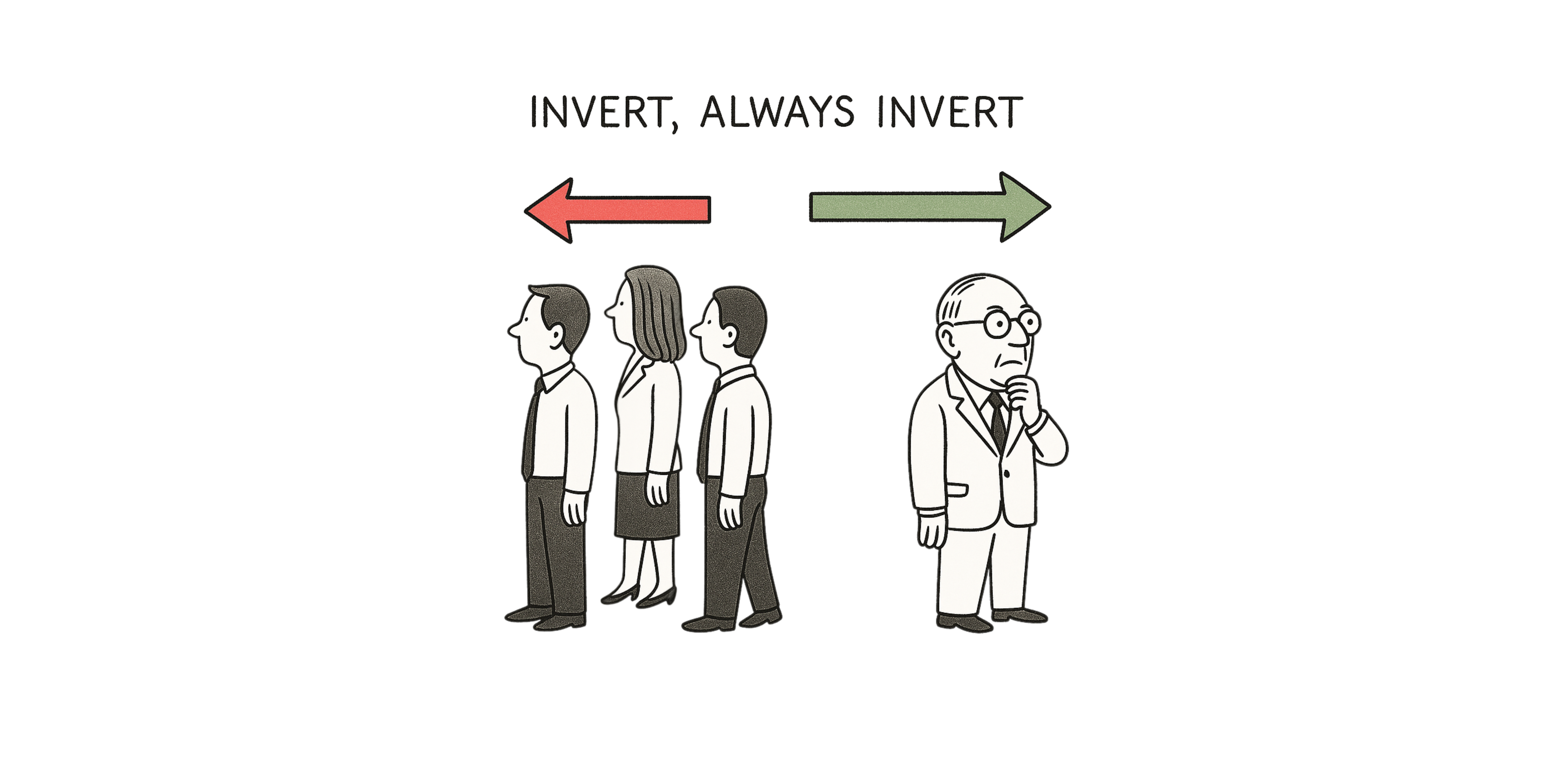 t the top, hand-lettered caption reads ‘INVERT, ALWAYS INVERT.’ Below it, a red arrow points left toward Charlie Munger—depicted as an older man with round glasses, thinning hair, and a thoughtful hand on his chin—while a green arrow points right above a row of four business professionals in simple ink-line style who face confidently to the right, backs turned to Munger. The contrast highlights Munger’s contrarian thinking.