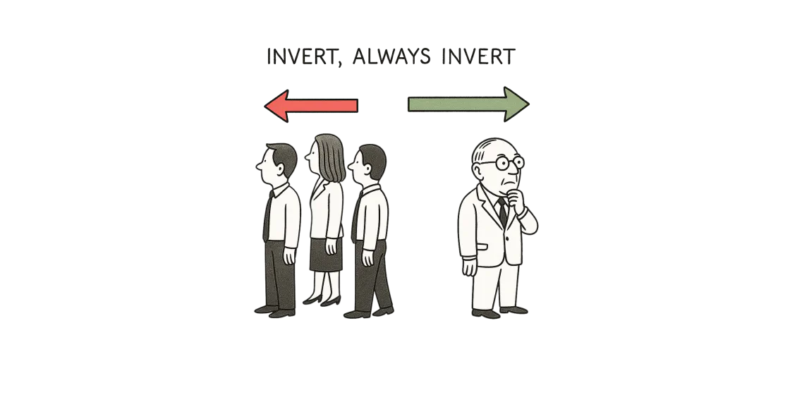 t the top, hand-lettered caption reads ‘INVERT, ALWAYS INVERT.’ Below it, a red arrow points left toward Charlie Munger—depicted as an older man with round glasses, thinning hair, and a thoughtful hand on his chin—while a green arrow points right above a row of four business professionals in simple ink-line style who face confidently to the right, backs turned to Munger. The contrast highlights Munger’s contrarian thinking.
