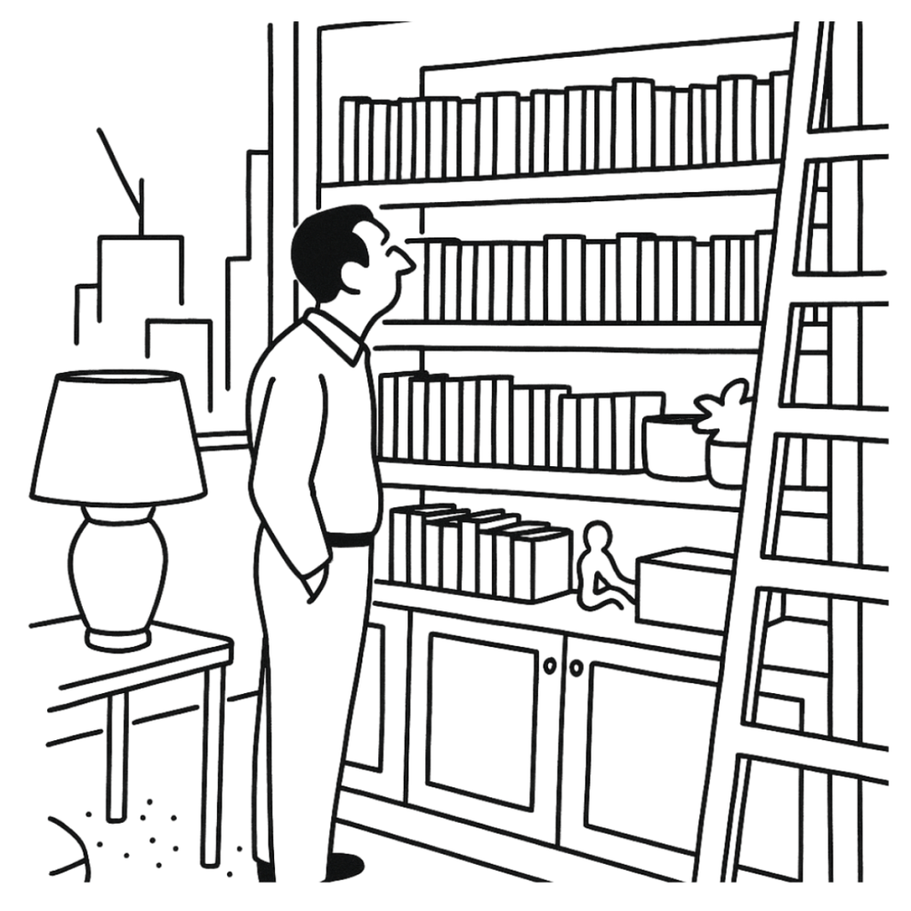 A black-and-white New Yorker–style cartoon depicting a man standing thoughtfully in front of a tall bookshelf filled with neatly arranged books. A wooden ladder leans against the shelves, while a simple lamp and city skyline complete the calm, intellectual atmosphere of the scene.