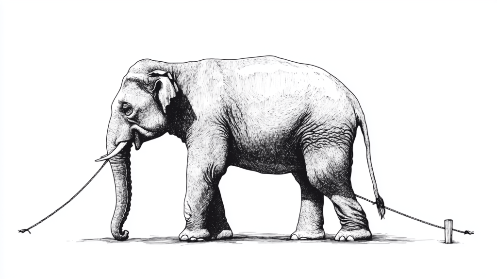 A minimalist ink illustration of a majestic adult elephant against pure white background, single thin rope tied to its leg attached to a small wooden stake, black and white line drawing with precise pen strokes.