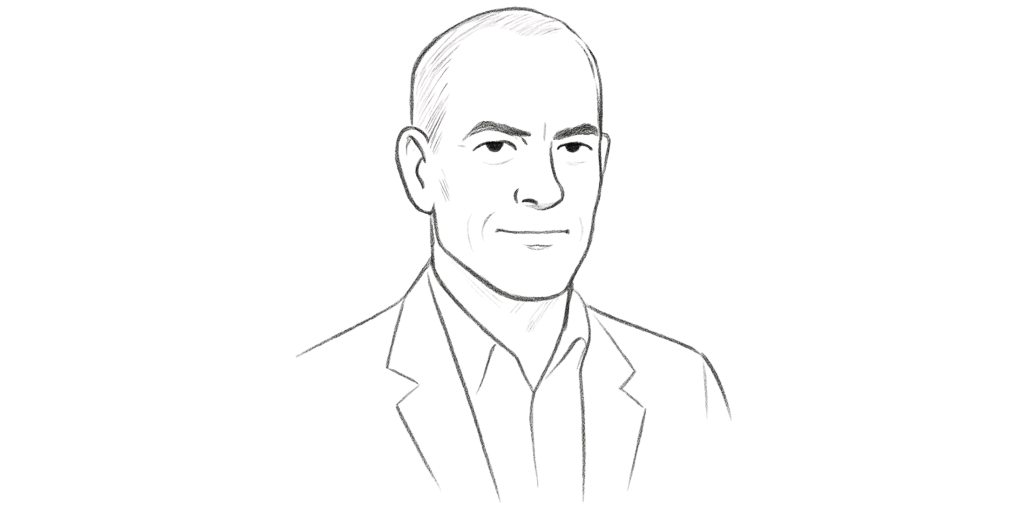 Minimalist pencil sketch portrait of Jim Collins. The drawing shows a middle-aged man with close-cropped hair, a strong jawline, and a calm, analytical expression. Rendered in black and white with elegant, confident lines against a pristine white background, he is depicted from the chest up wearing a blazer and open-collared shirt